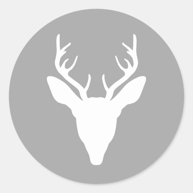 White Deer Head Silhouette On Grey Classic Round Sticker (Front)