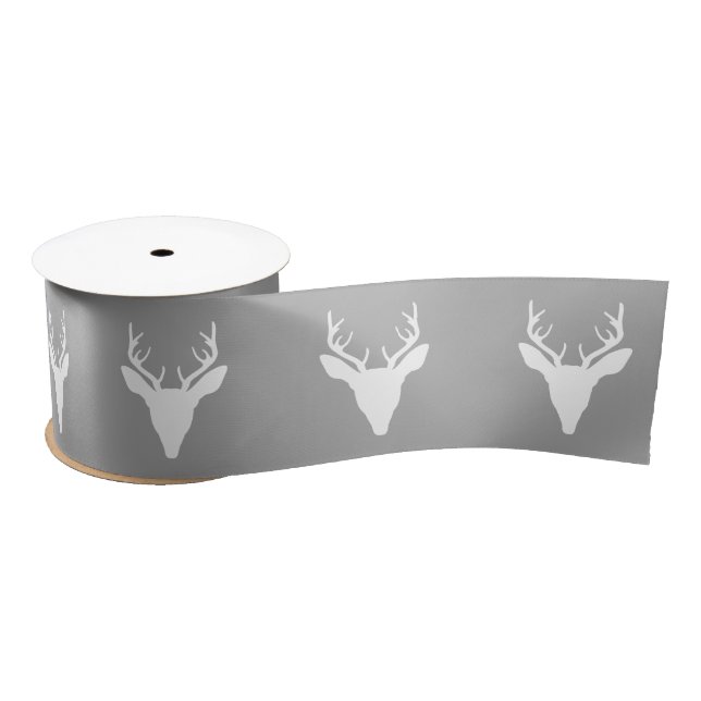 White Deer Head Silhouette On Grey Satin Ribbon (Spool)
