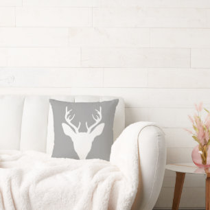White Deer Head Silhouette On Grey Throw Pillow