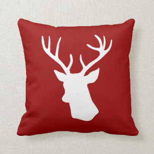White Deer Head Silhouette on Red Throw Pillow