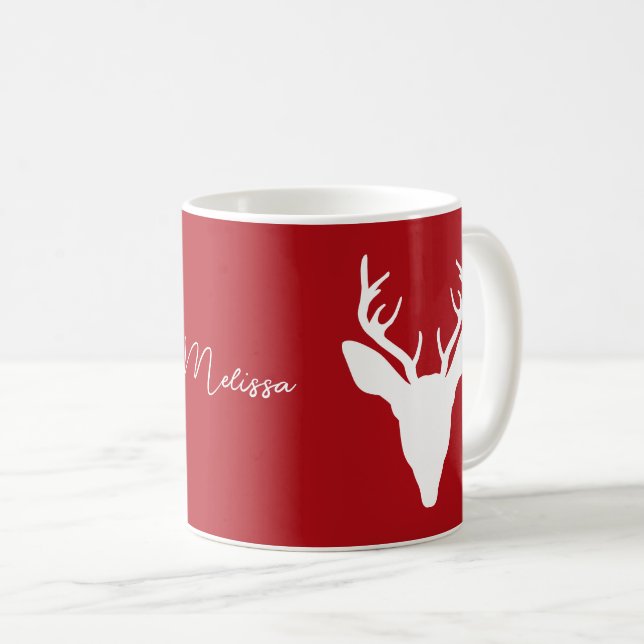 White Deer Head Silhouette On Red With Custom Name Coffee Mug (Front Right)