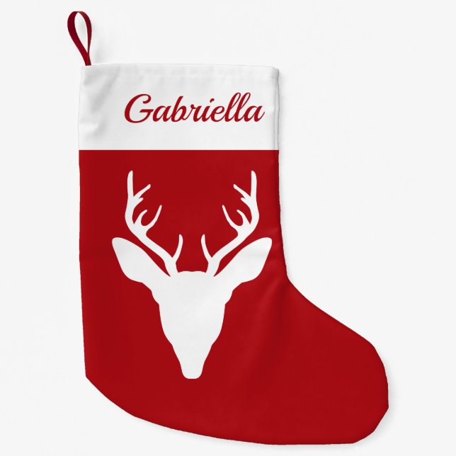 White Deer Head Silhouette On Red With Custom Name Small Christmas Stocking (Front)