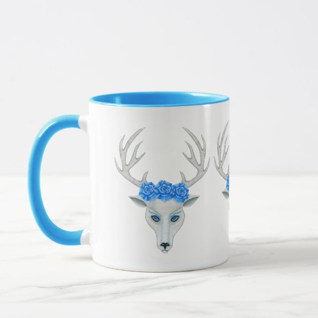 White Deer Head Vibrant Blue Eyes Antlers Roses Mug (Left)