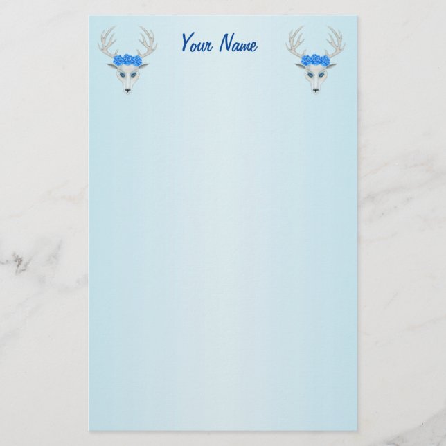 White Deer Heads Pretty Faces Roses on Blue Stationery (Front)