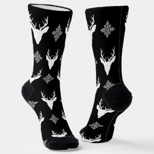 White Deer Heads & Snowflakes On Black Pattern Socks