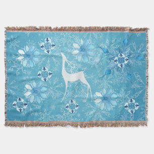 White Deer Icy Blue Snowflake Throw Blanket