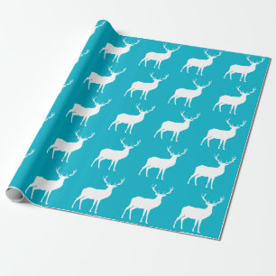 White Deer on Bright Blue Wrapping Paper