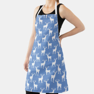 White Deer Pattern on Medium Blue Holiday Art Apron