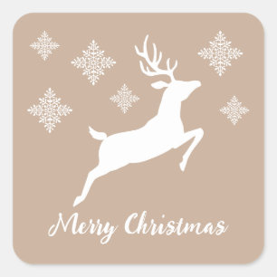 White Deer Shape On Beige With Snowflakes & Text Square Sticker