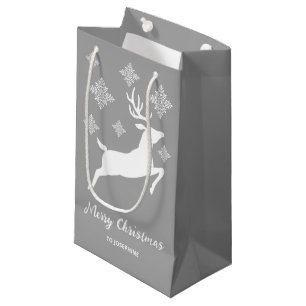 White Deer Shape On Grey With Snowflakes & Text Small Gift Bag