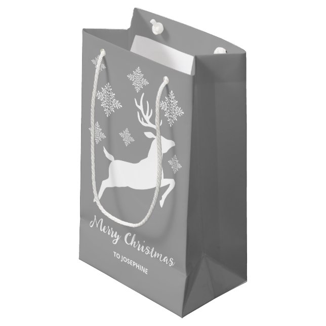 White Deer Shape On Grey With Snowflakes & Text Small Gift Bag (Front Angled)
