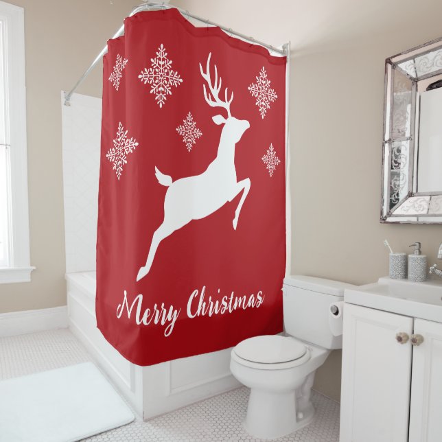 White Deer Shape On Red With Snowflakes & Text (In Situ)