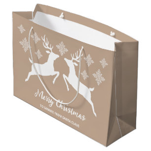 White Deer Shapes On Beige With Snowflakes & Text Large Gift Bag