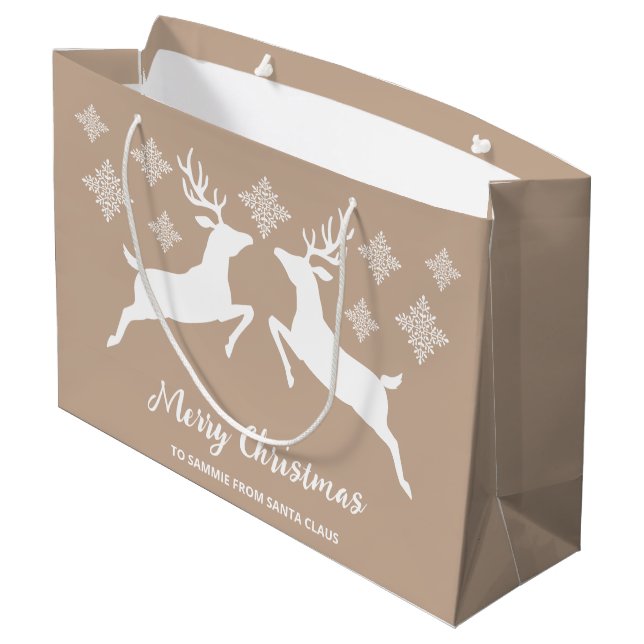 White Deer Shapes On Beige With Snowflakes & Text Large Gift Bag (Back Angled)