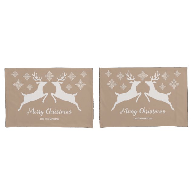 White Deer Shapes On Beige With Snowflakes & Text Pillowcase (Front-Set)