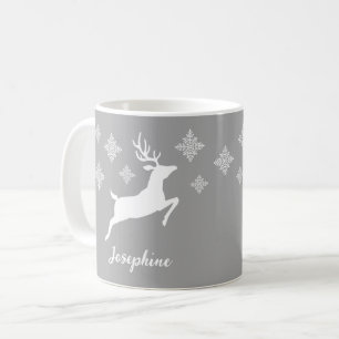 White Deer Shapes On Grey With Snowflakes & Name Coffee Mug