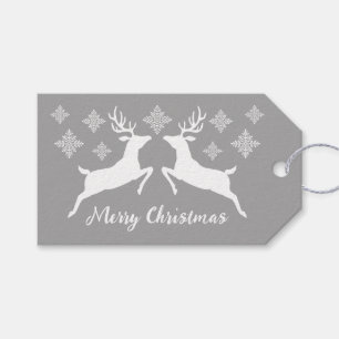 White Deer Shapes On Grey With Snowflakes & Text Gift Tags
