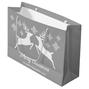 White Deer Shapes On Grey With Snowflakes & Text Large Gift Bag