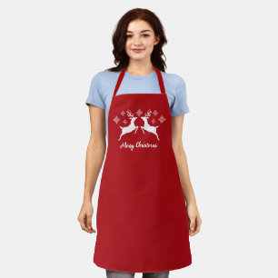 White Deer Shapes On Red With Snowflakes & Text Apron