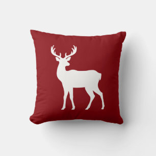 White Deer Silhouette On Red Stylish Christmas Throw Pillow