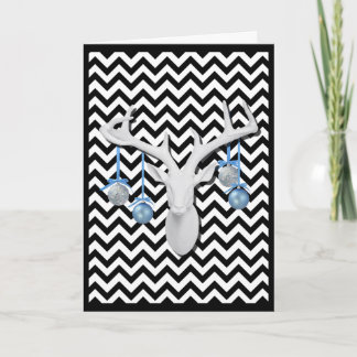 White Deer with Blue Ornaments on Chevron Holiday Card