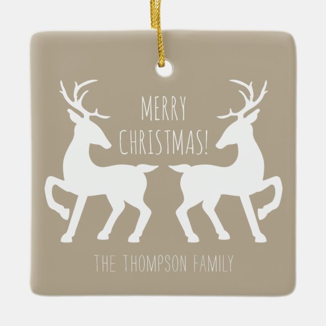 White Deers On Beige & Personalizable Family Name Ceramic Ornament (Front)