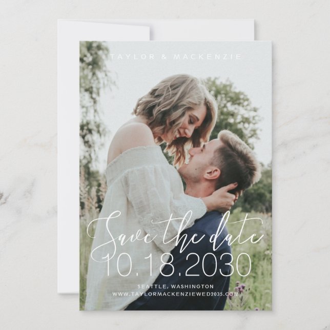White Delicate Hand Lettering Photo Save The Date (Front)