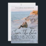 White Delicate Thin Script Photo Save The Date<br><div class="desc">Simple,  Minimal,  and Elegant Photo Save the Date Card with a delicate thin calligraphy script font overlay printing in black ink with large wedding date numbers. Upload your favourite engagement couple photo and customize the template by selecting any colours and fonts you want for your wedding announcements.</div>