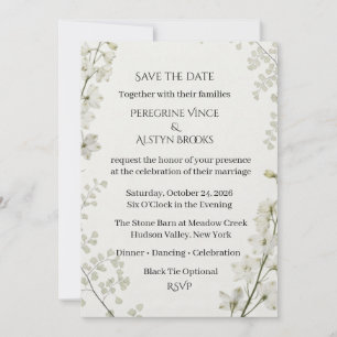 White Delphinium, Maidenhair Ferns, Botanical Line Invitation