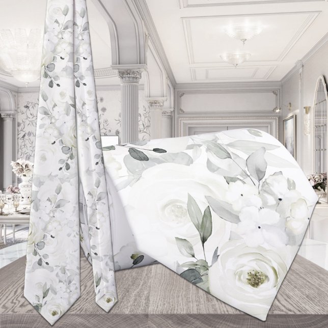 White Desdemona Rose Silver Eucalyptus Wedding Tie (Creator Uploaded)