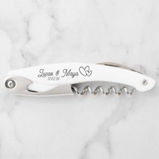 White design with black text custom names wedding corkscrew