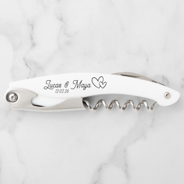 White design with black text custom names wedding  corkscrew (Front)