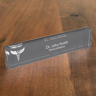 White Detailed Clean Caduceus Warm Grey Medical Nameplate