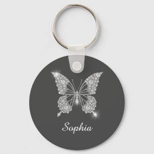 White Diamond Butterfly, DIY Name, Dark Grey Keychain