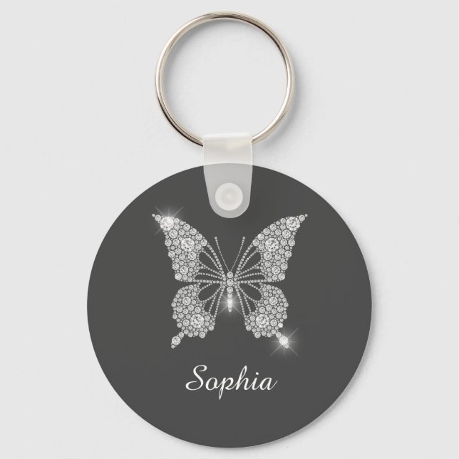 White Diamond Butterfly, DIY Name, Dark Grey Keychain (Front)