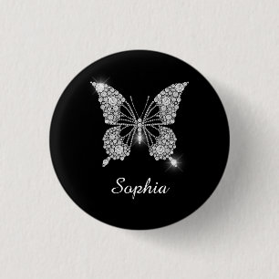 White Diamond Butterfly, DIY Script Name, Black 1 Inch Round Button