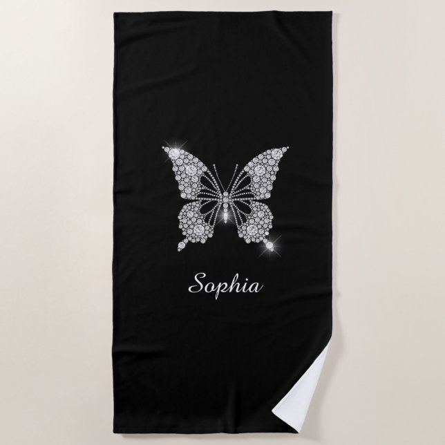 White Diamond Butterfly, DIY Script Name, Black Beach Towel (Front)