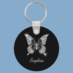 White Diamond Butterfly, DIY Script Name, Black Keychain