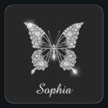 White Diamond Butterfly, DIY Script Name, Black Square Sticker<br><div class="desc">A classy white diamond butterfly design to personalize name in white script text on black background. Click “Customize” to change colours and type styles.</div>