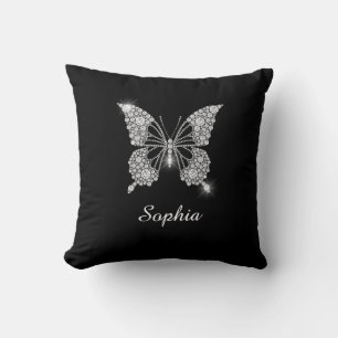 White Diamond Butterfly, DIY Script Name, Black Throw Pillow