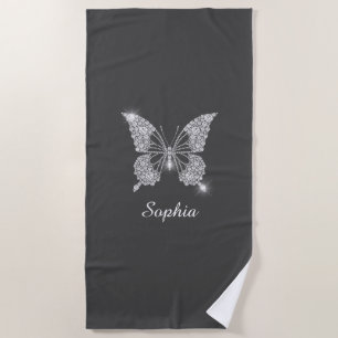 White Diamond Butterfly DIY Script Name, Dark Grey Beach Towel