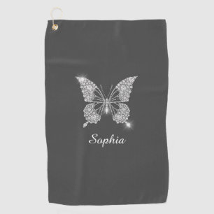 White Diamond Butterfly DIY Script Name, Dark Grey Golf Towel