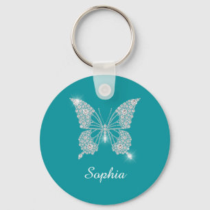 White Diamond Butterfly DIY Script Name, Deep Teal Keychain