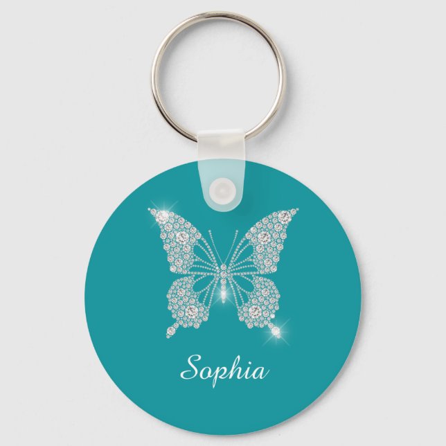 White Diamond Butterfly DIY Script Name, Deep Teal Keychain (Front)