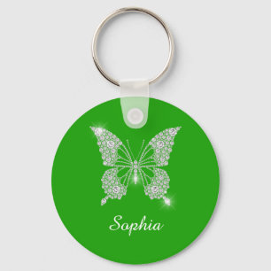 White Diamond Butterfly, DIY Script Name, Green Keychain