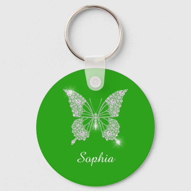 White Diamond Butterfly, DIY Script Name, Green Keychain (Front)