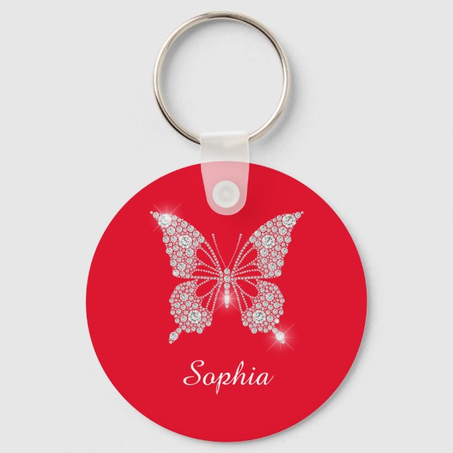 White Diamond Butterfly, DIY Script Name, Red Keychain (Front)