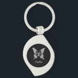 White Diamond Butterfly, Script Name, Black Keychain<br><div class="desc">A classy white diamond butterfly with white script name on black background.</div>