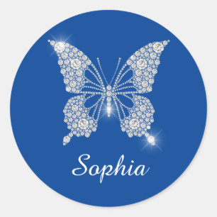 White Diamond Butterfly, Script Name, Deep Blue Classic Round Sticker