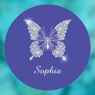 White Diamond Butterfly, Script Name, Deep Blue Classic Round Sticker